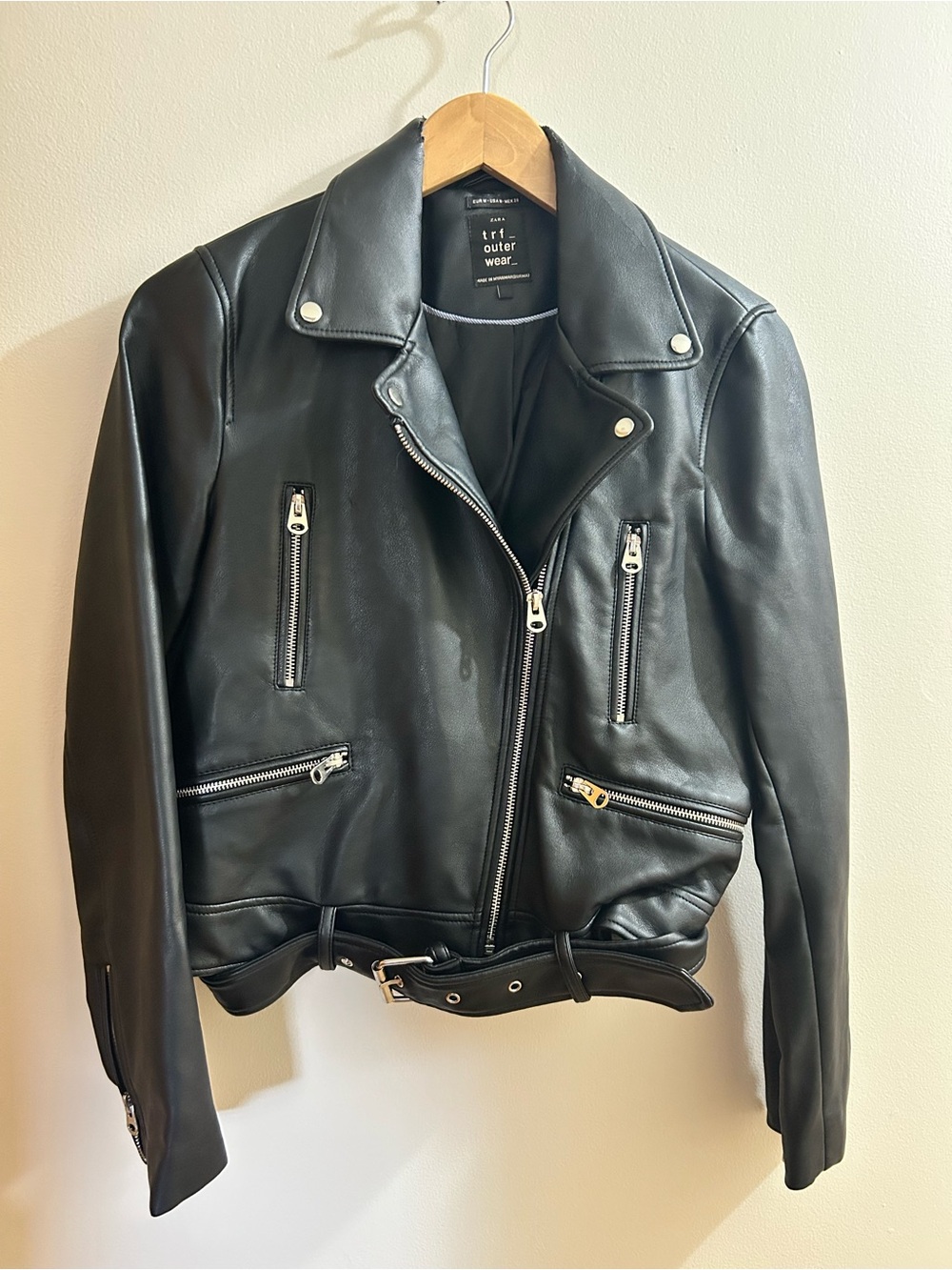 Zara Black Faux Leather Moto Jacket with Belt Size M